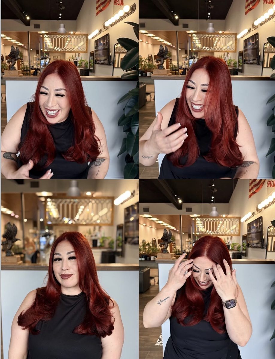 Rich glossy red hair color with long layers, done at Ra'pôr on East 17th Street, Costa Mesa